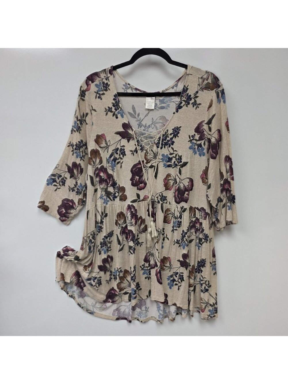 Terra & Sky Shirt Womens 2X Beige Floral Lace Up 3/4 Sleeve Tunic Top Boho